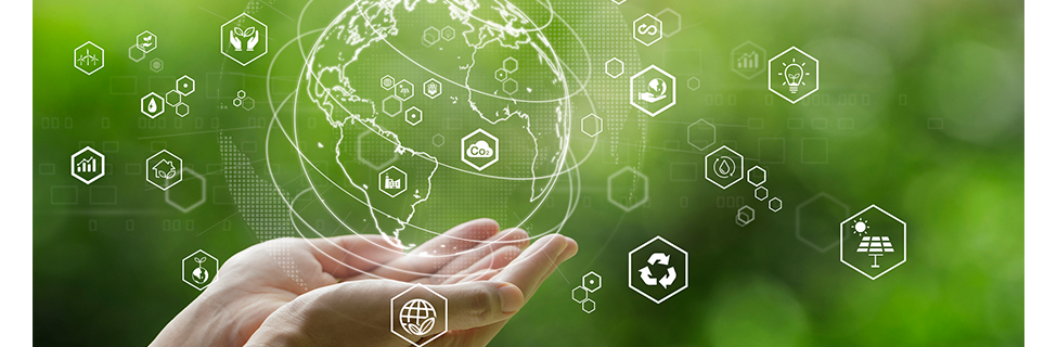 hands holding world with digital components